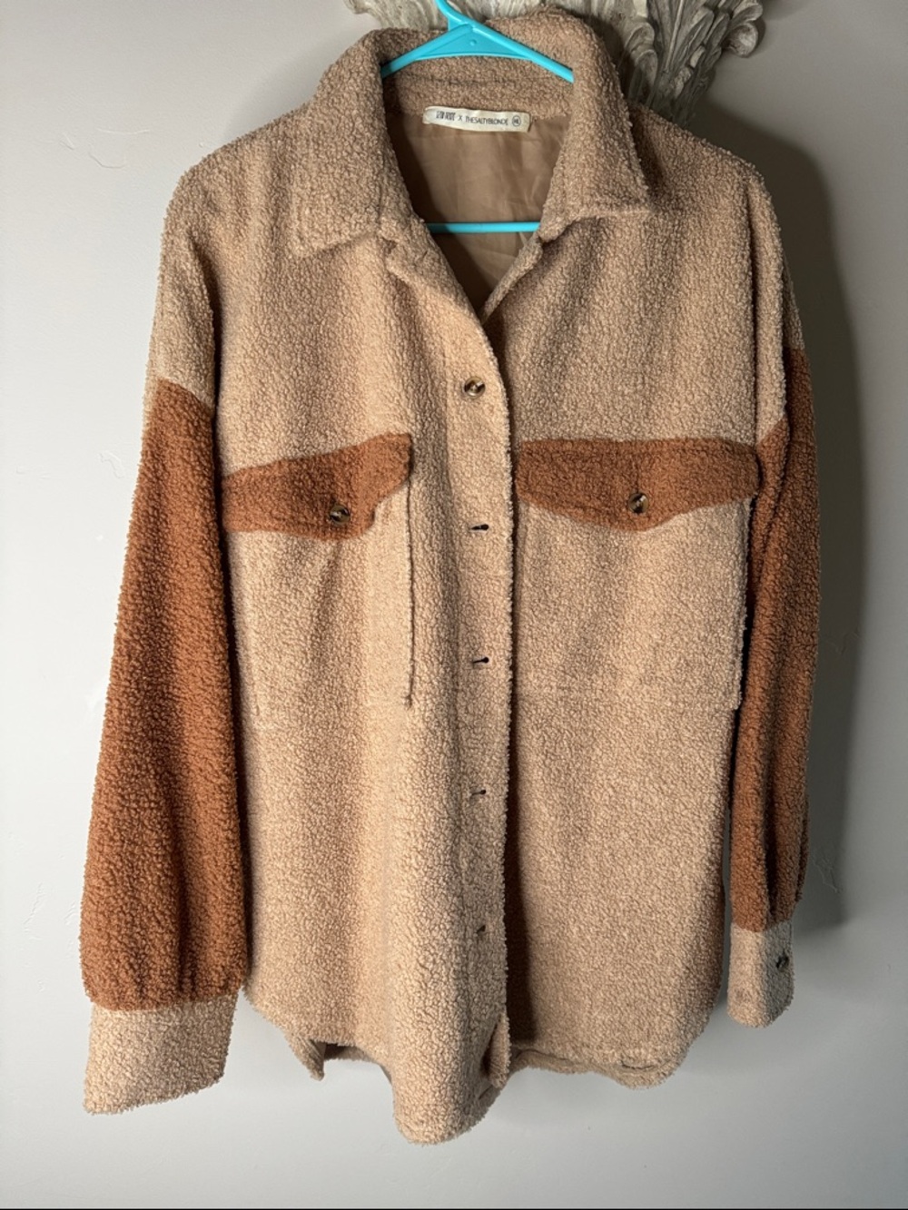 12th Tribe Two-Tone Teddy Sherpa Jacket in Tan and Brown